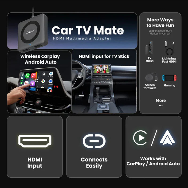 (🎉Summer Sale 40% OFF) 2025 New Upgrade Car TV Mate Pro | HDMI Streaming + Fire TV Sticks + Screen Mirroring & Wireless CarPlay Android Auto Adapter